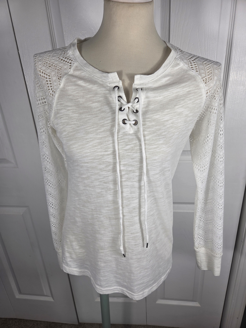 Ariat Womens Small White Lace Up Knit Top Lace Sleeve Western Boho